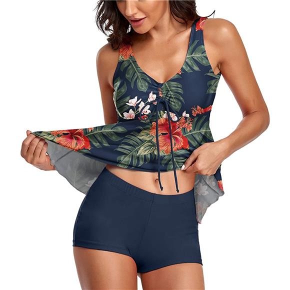 Modest Tankini Swimsuits for Women Two Piece Bathing Suits Floral Print Tank Top - Picture 3 of 4